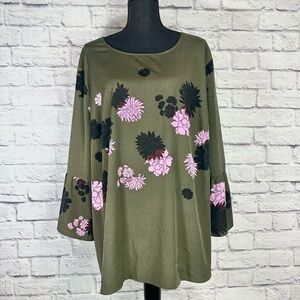 Apt 9 Floral Green Bell Sleeve Flowy Blouse Top Size 3X